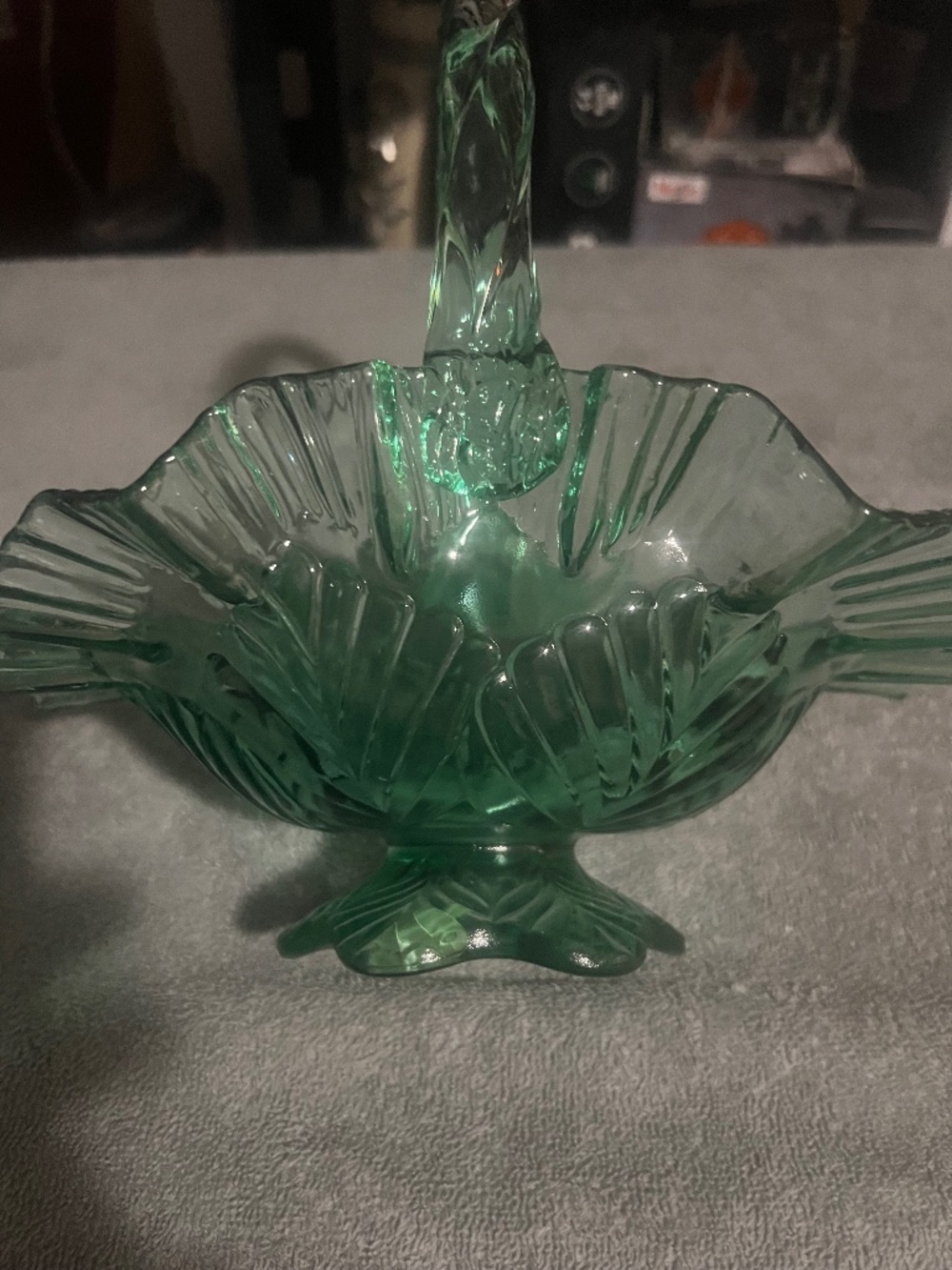 Large Green Fenton Scalloped Edge / Leaf Design Basket , Vintage